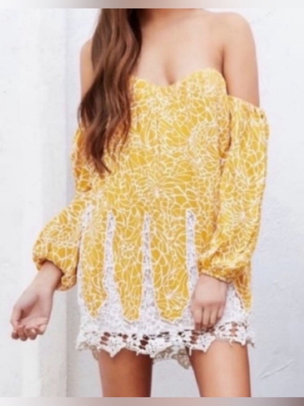 Lovers + Friends Fairy Off Shoulder Crochet Mini Dress Mosaic Mustard S